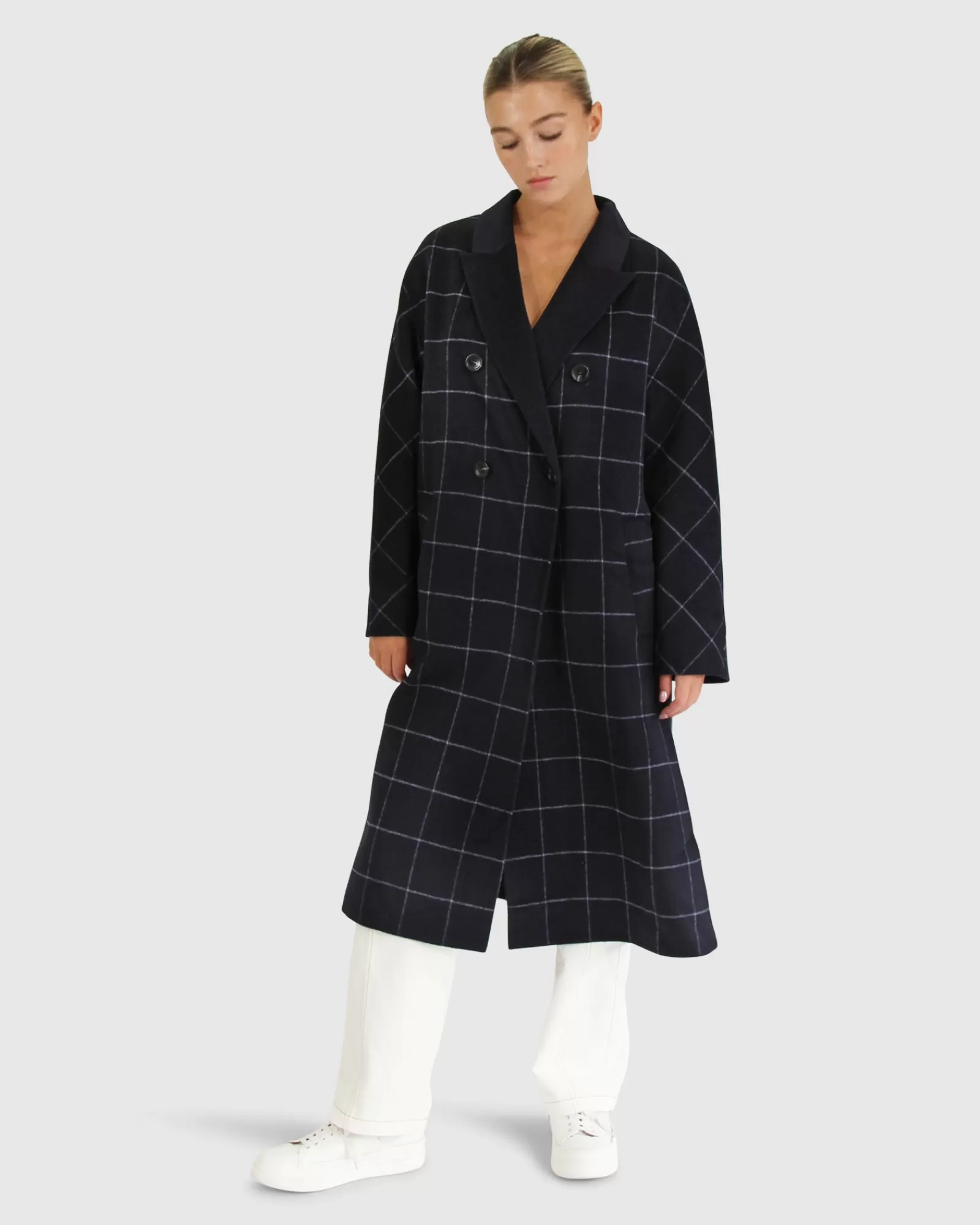 Belle & Bloom Guestlist Oversized Double Breasted Coat - Navy Plaid