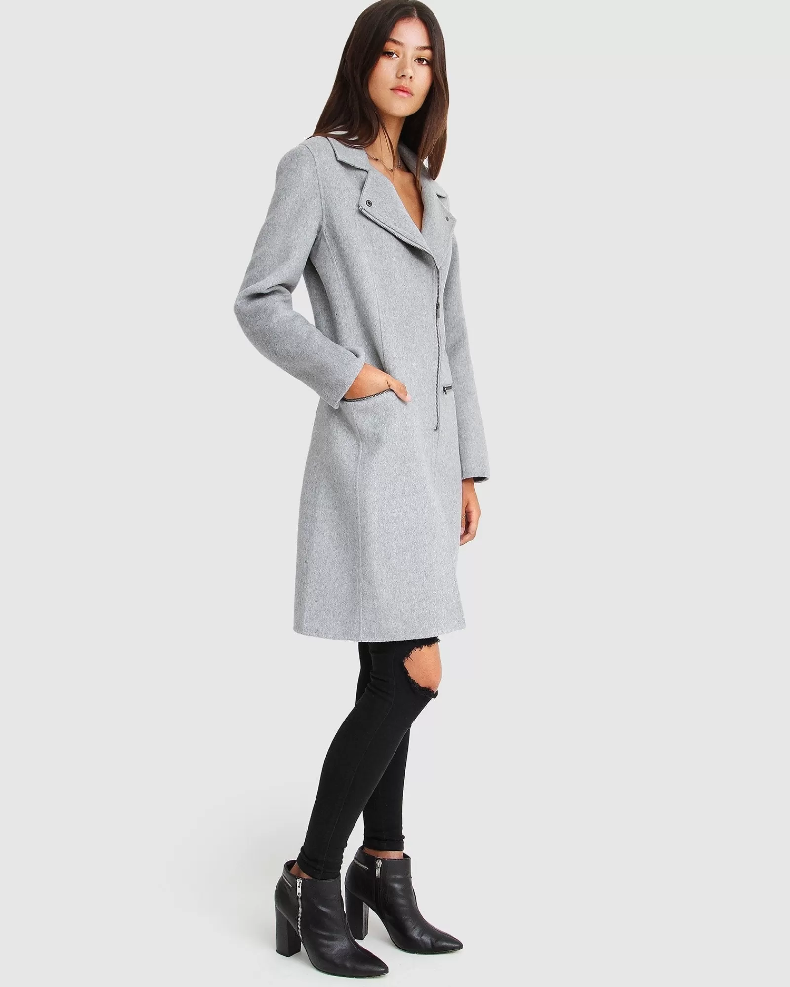 Belle & Bloom NEW FIT Last Chance Wool Blend Moto Coat - Grey Marle