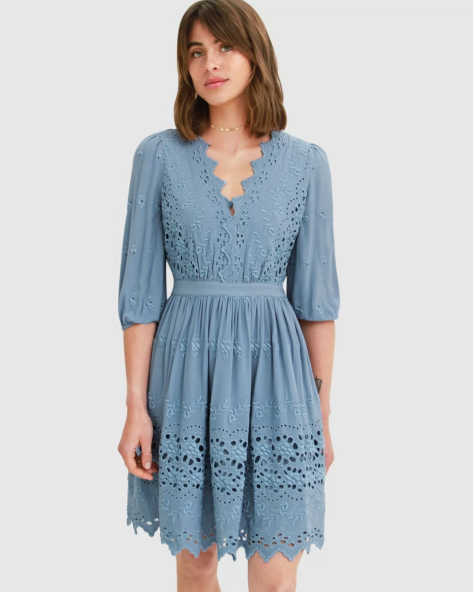 Belle & Bloom Sweet Talk Eyelet Mini Dress - Dusty Blue