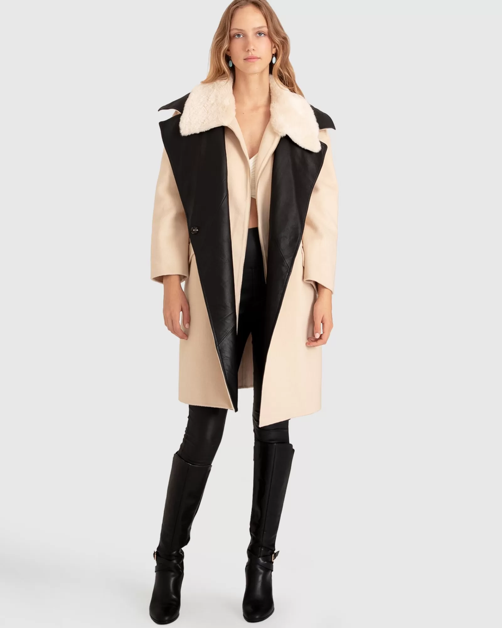 Belle & Bloom Watch Me Go Oversized Leather Trimmed Coat - Pale Oat