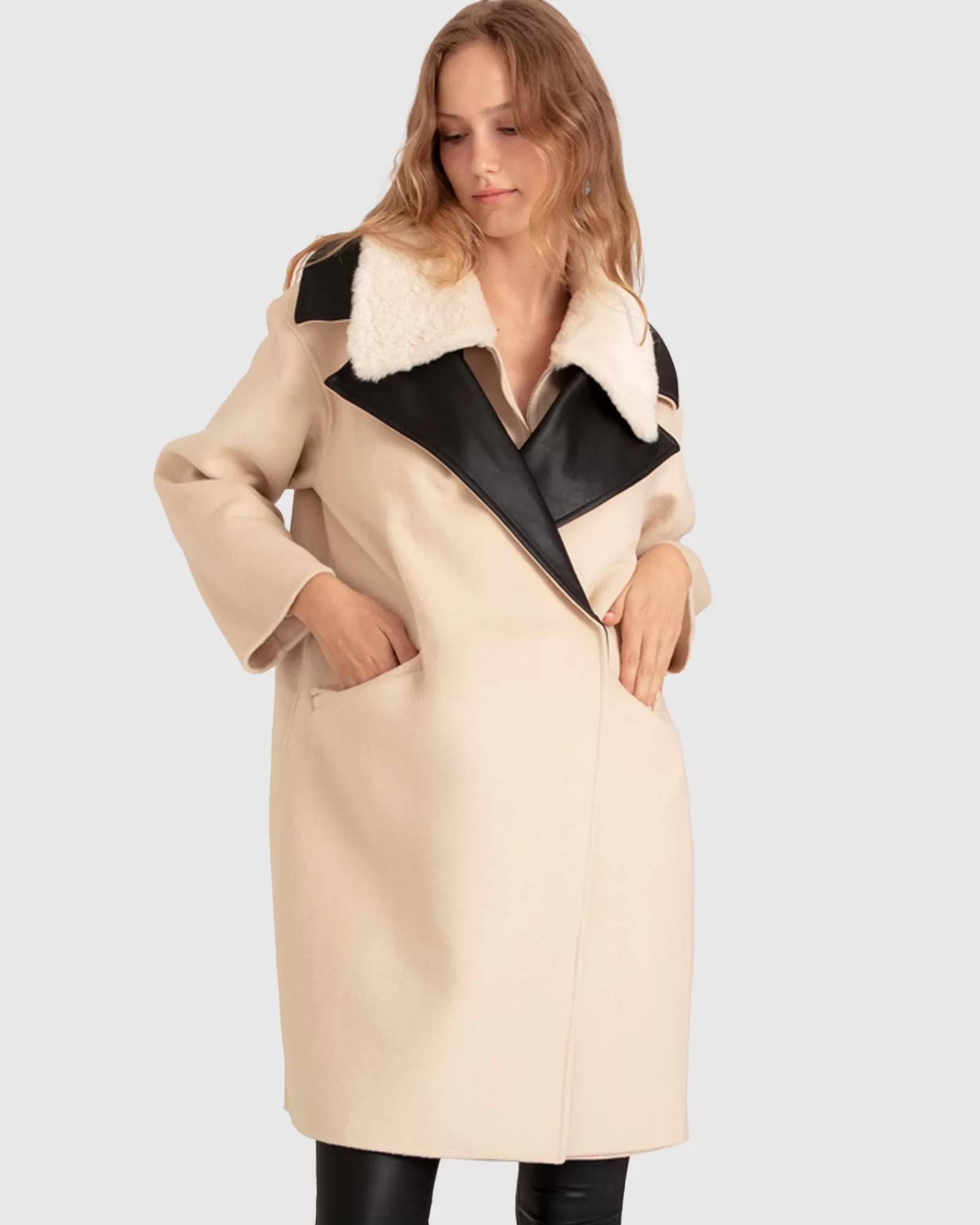 Belle & Bloom Watch Me Go Oversized Leather Trimmed Coat - Pale Oat