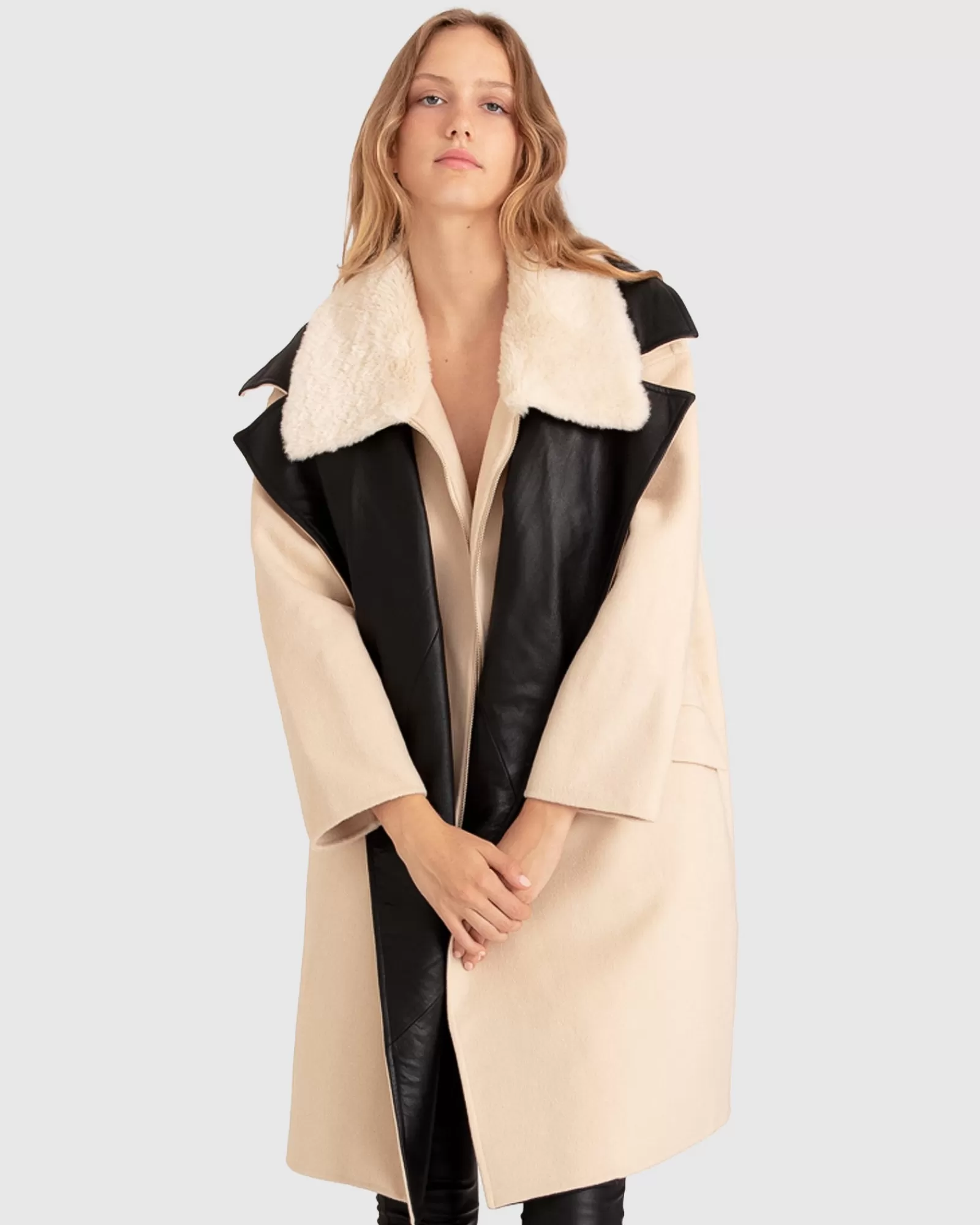 Belle & Bloom Watch Me Go Oversized Leather Trimmed Coat - Pale Oat