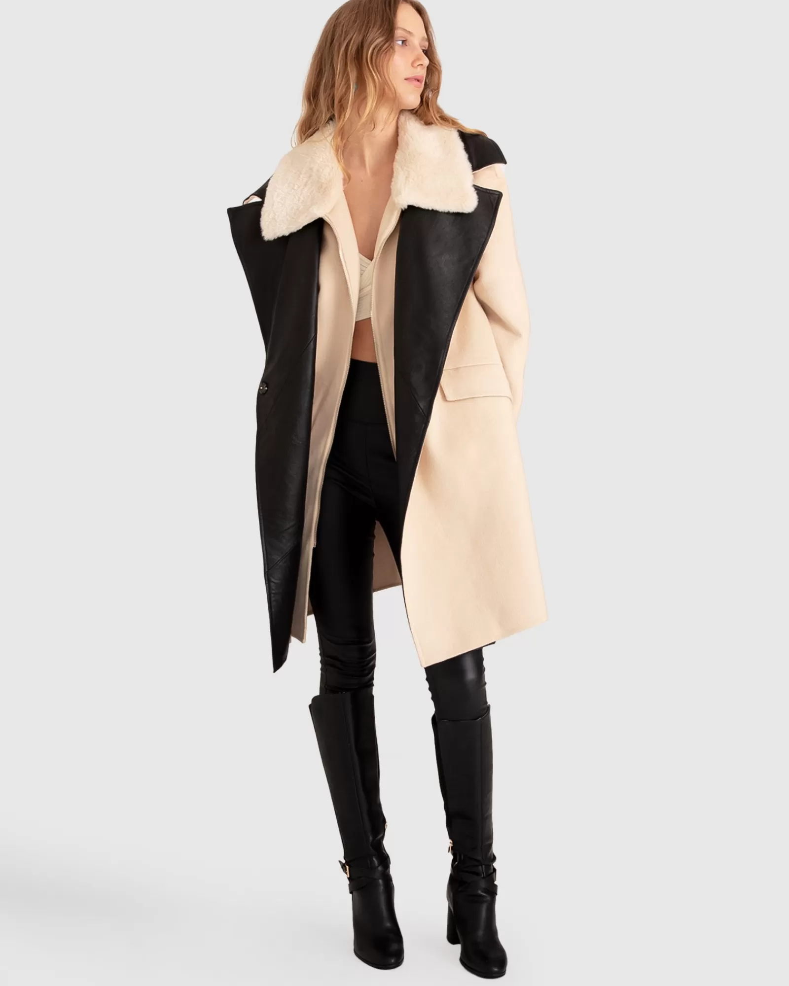 Belle & Bloom Watch Me Go Oversized Leather Trimmed Coat - Pale Oat