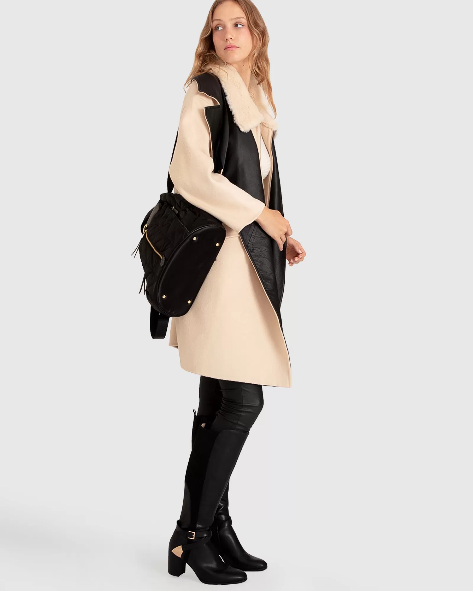 Belle & Bloom Watch Me Go Oversized Leather Trimmed Coat - Pale Oat