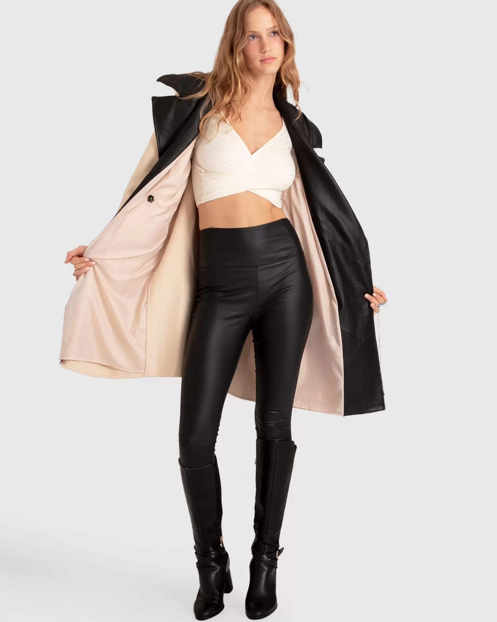 Belle & Bloom Watch Me Go Oversized Leather Trimmed Coat - Pale Oat