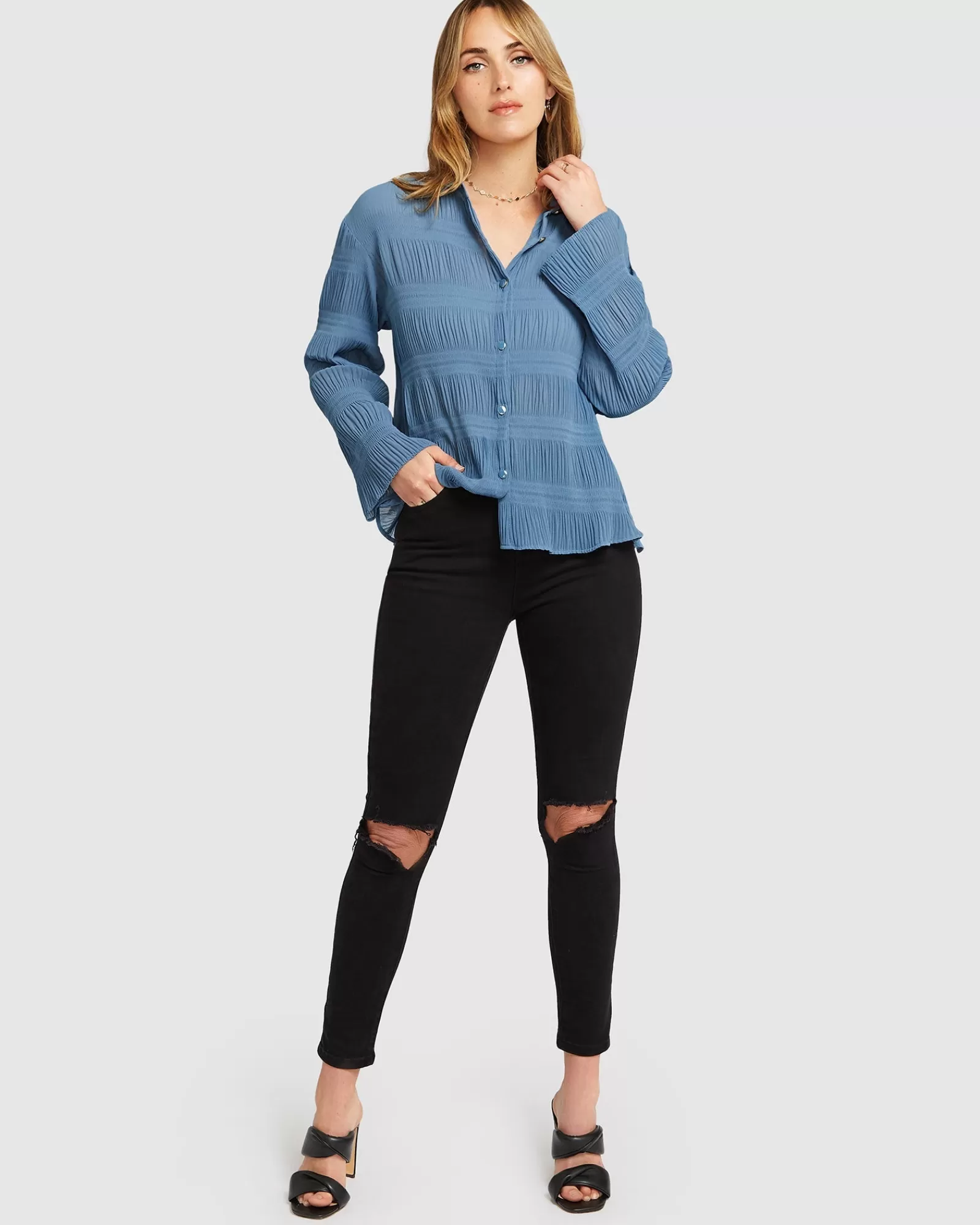 Belle & Bloom Yoko Shirred Chiffon Blouse - Dusty Blue FINAL SALE